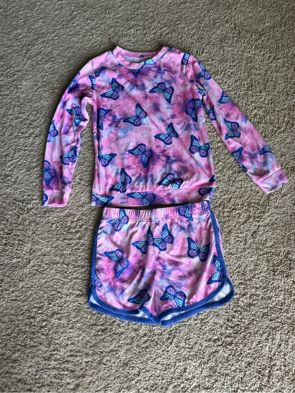 Kids Pink Butterfly Pajama Set - Long Sleeve Top & Shorts medium 7/8